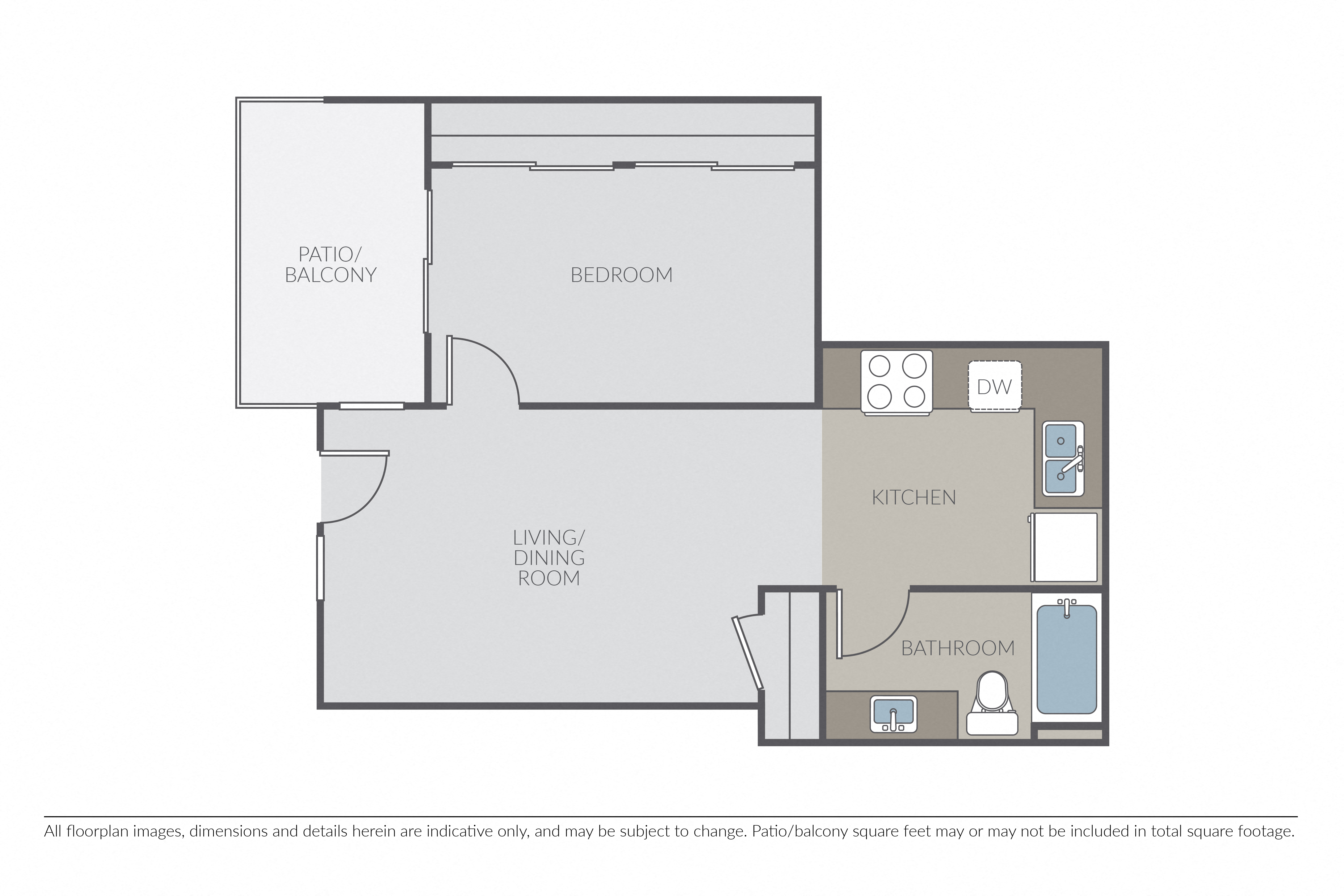 Floor plan for 1 bed, 1 bath, 674 sqft
