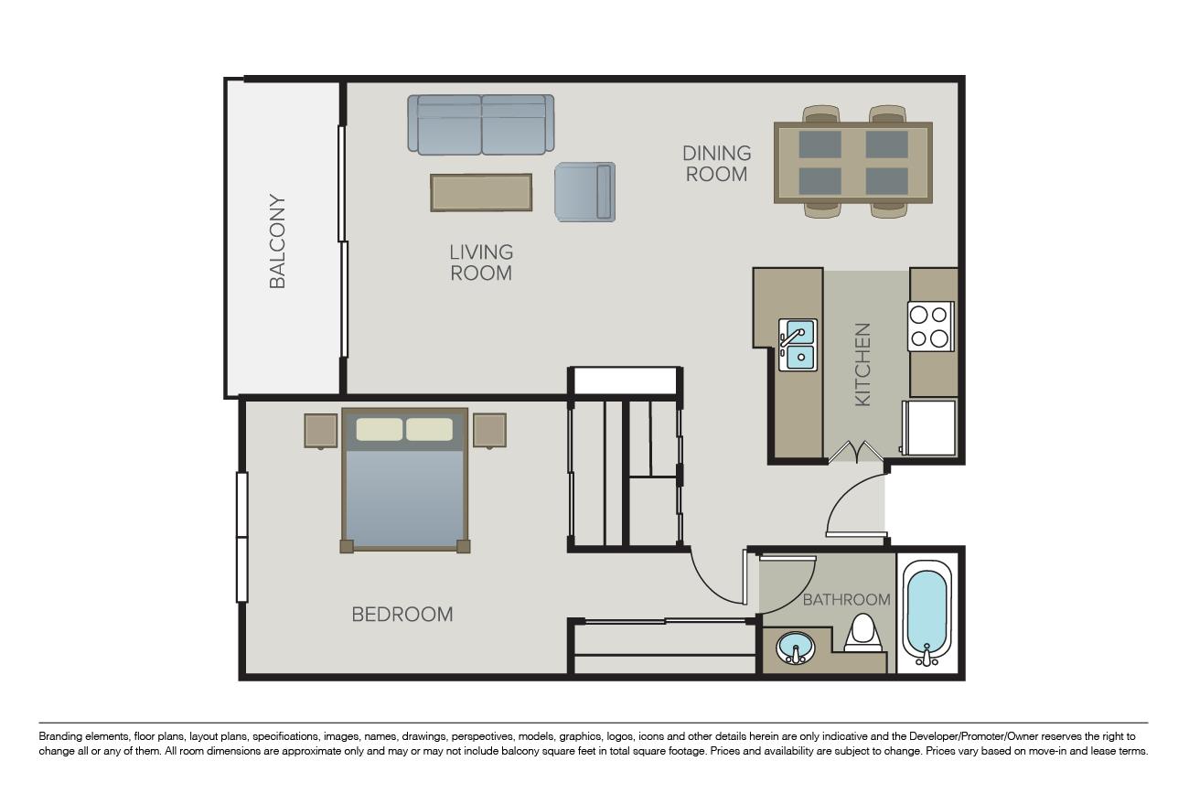 Floor plan for 1 bed, 1 bath, 750 sqft