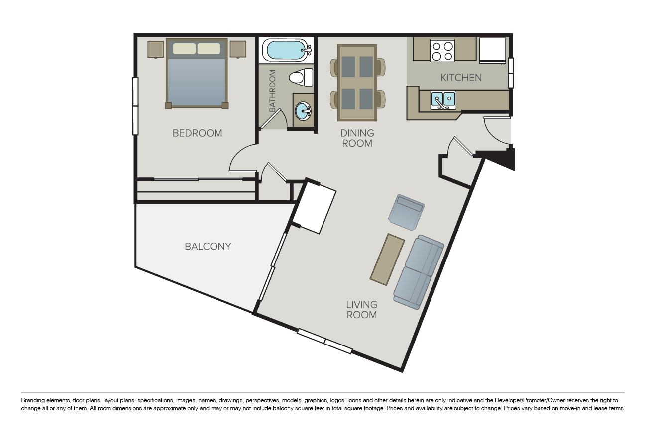 Floor plan for 1 bed, 1 bath, 790 sqft