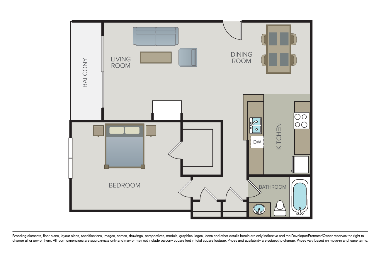 Floor plan for 1 bed, 1 bath, 830 sqft