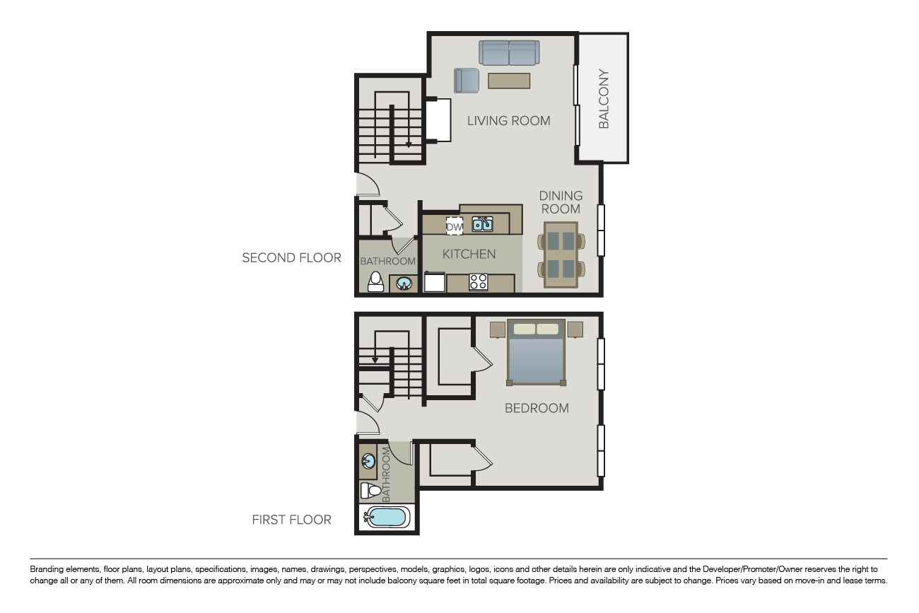 Floor plan for 1 bed, 1.5 baths, 1037 sqft