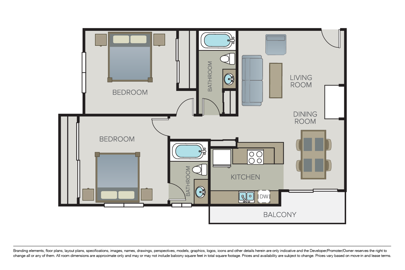 Floor plan for 2 beds, 2 baths, 925 sqft