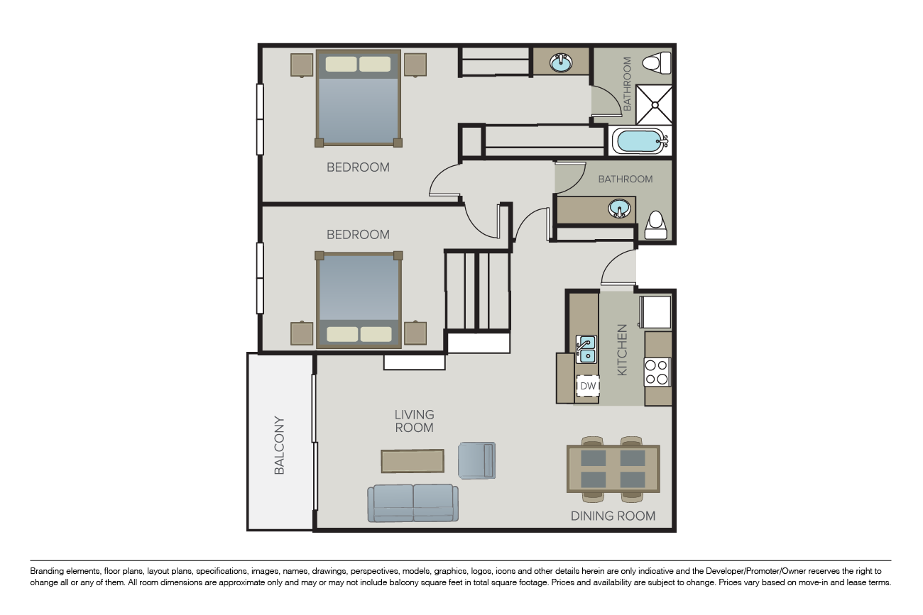 Floor plan for 2 beds, 2 baths, 1000 sqft