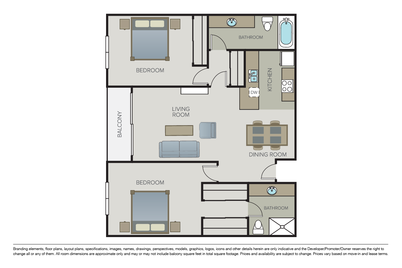 Floor plan for 2 beds, 2 baths, 1000 sqft