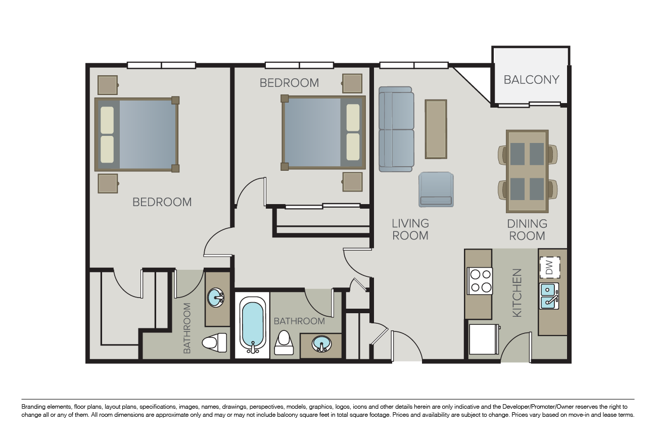 Floor plan for 2 beds, 2 baths, 1000 sqft