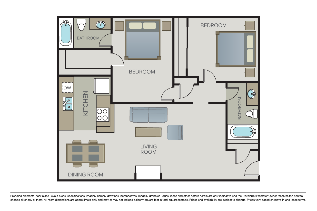 Floor plan for 2 beds, 2 baths, 1055 sqft