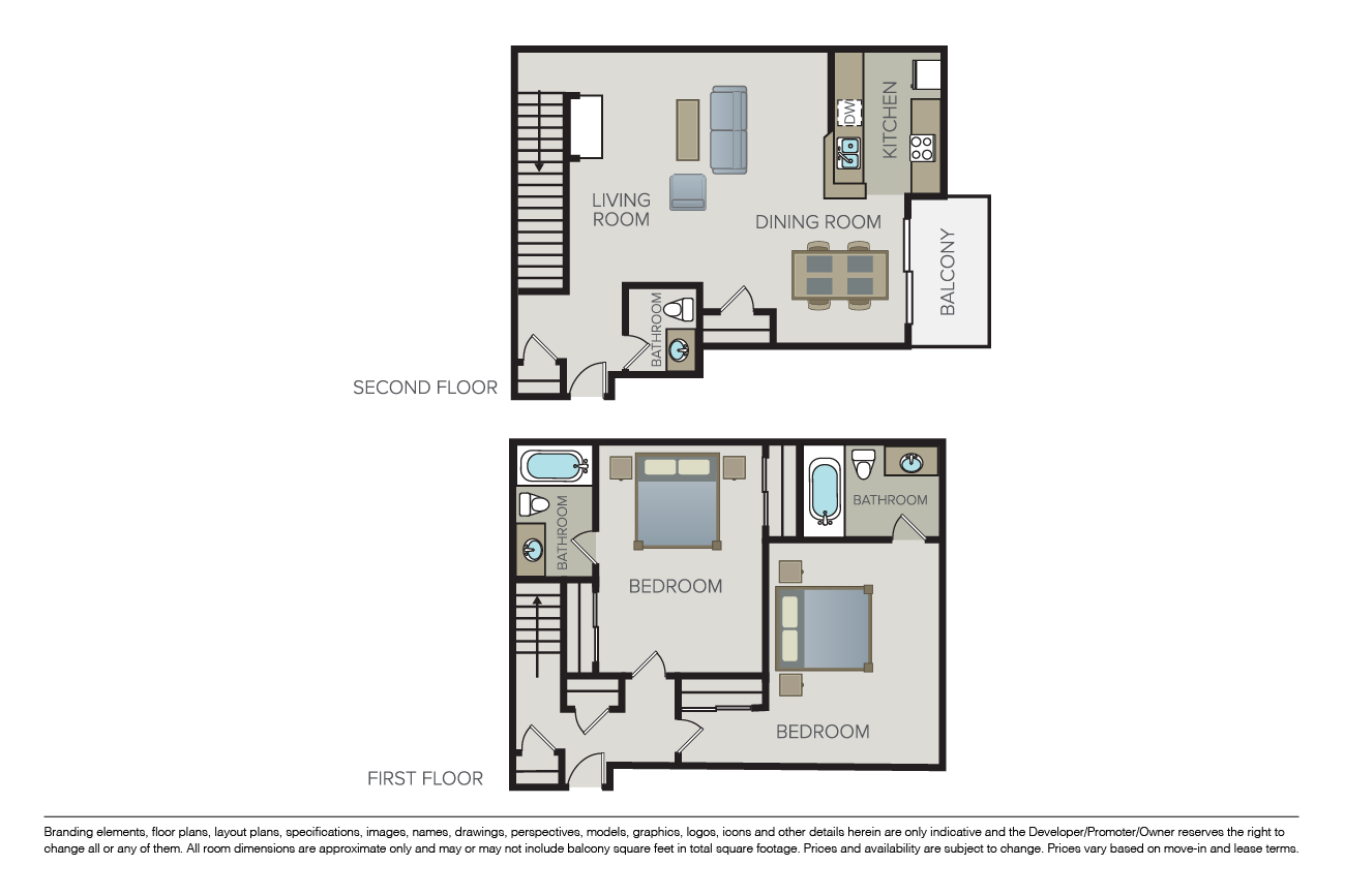 Floor plan for 2 beds, 2.5 baths, 1177 sqft