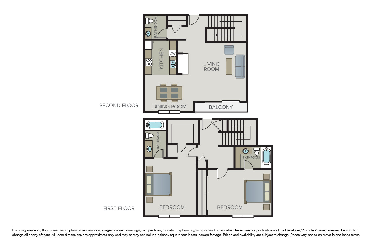 Floor plan for 2 beds, 2.5 baths, 1279 sqft