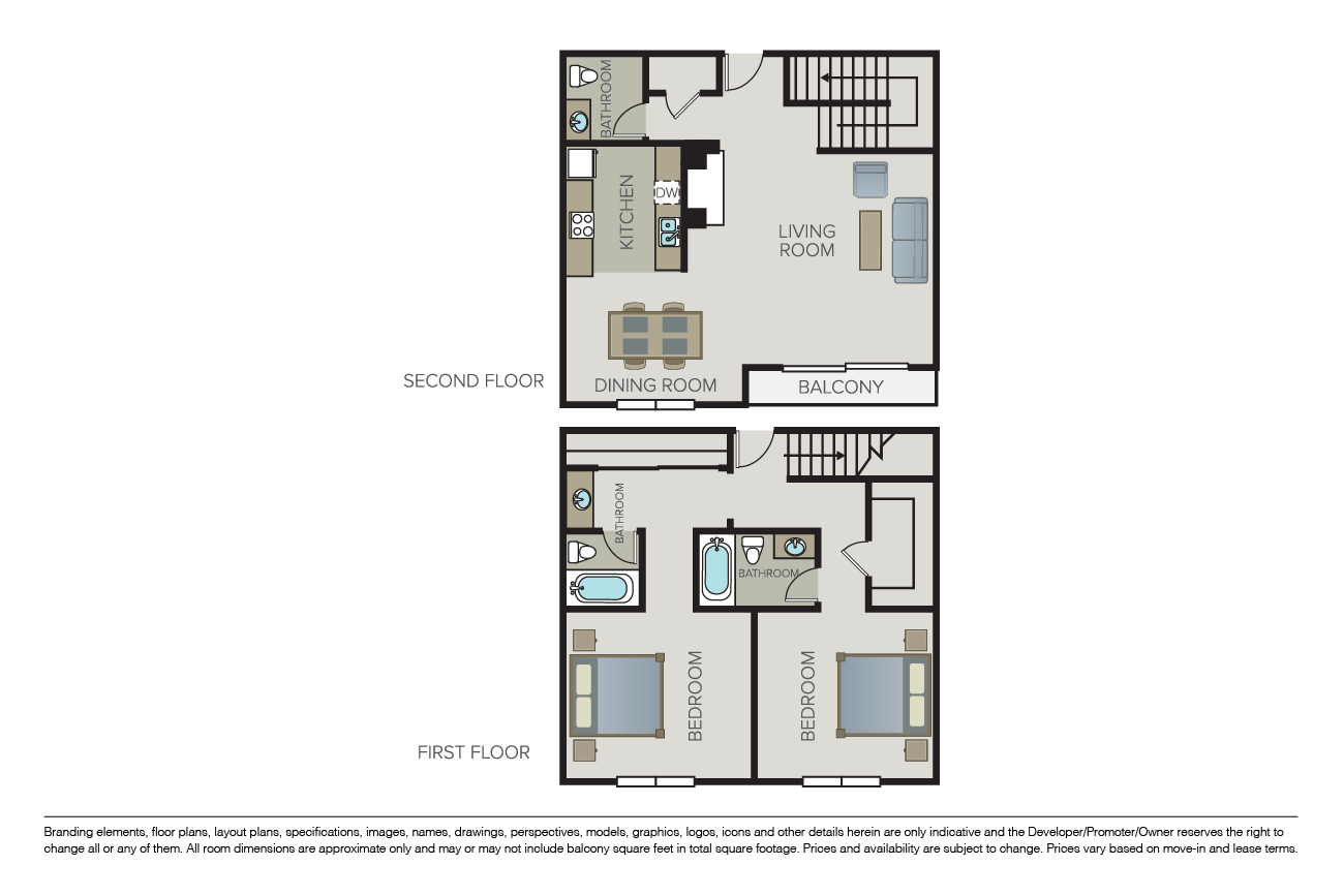 Floor plan for 2 beds, 2.5 baths, 1204 sqft
