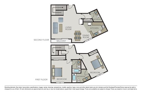 Floor plan for 2 beds, 2.5 baths, 1308 sqft