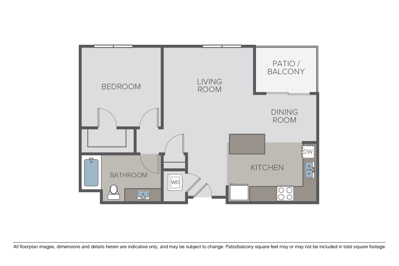 Floor plan for 1 bed, 1 bath, 773 sqft