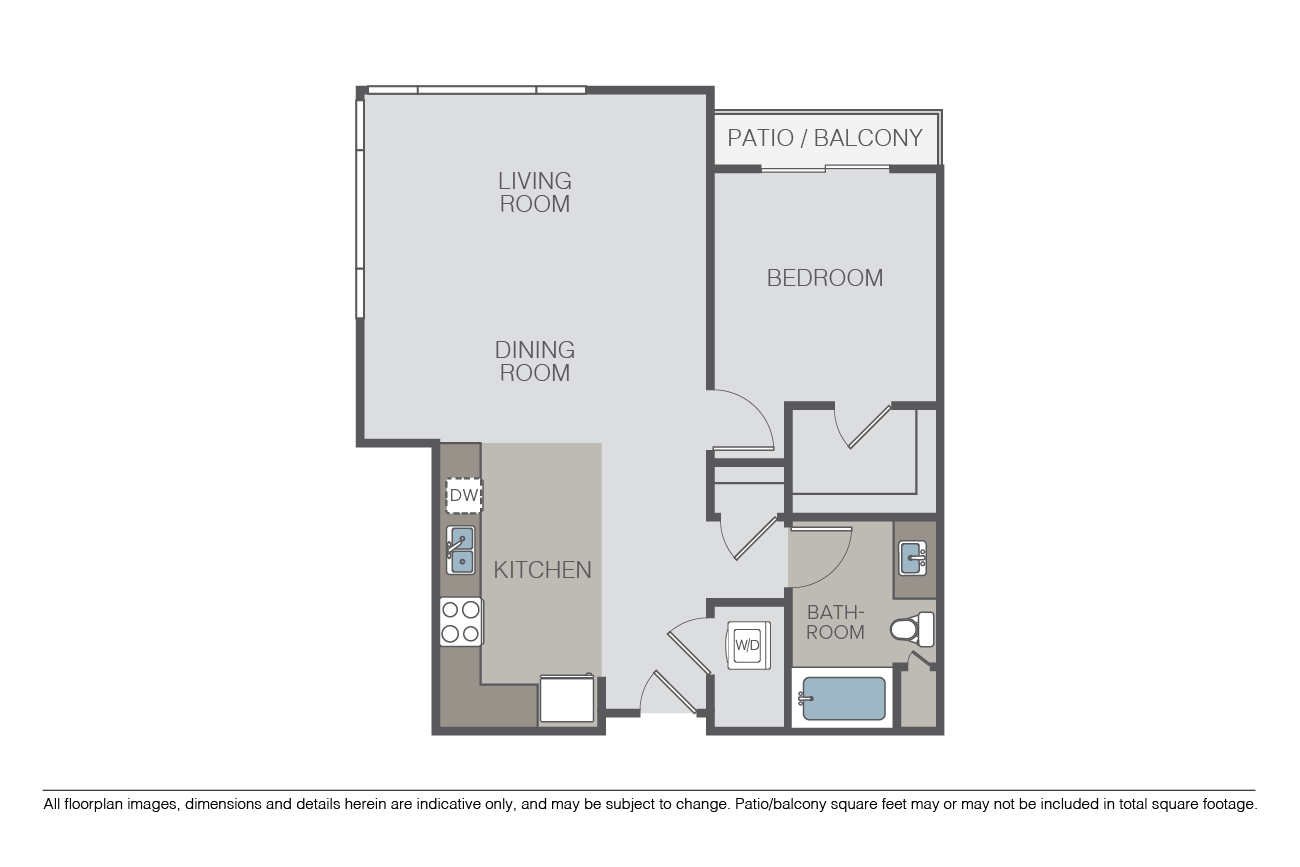 Floor plan for 1 bed, 1 bath, 845 sqft