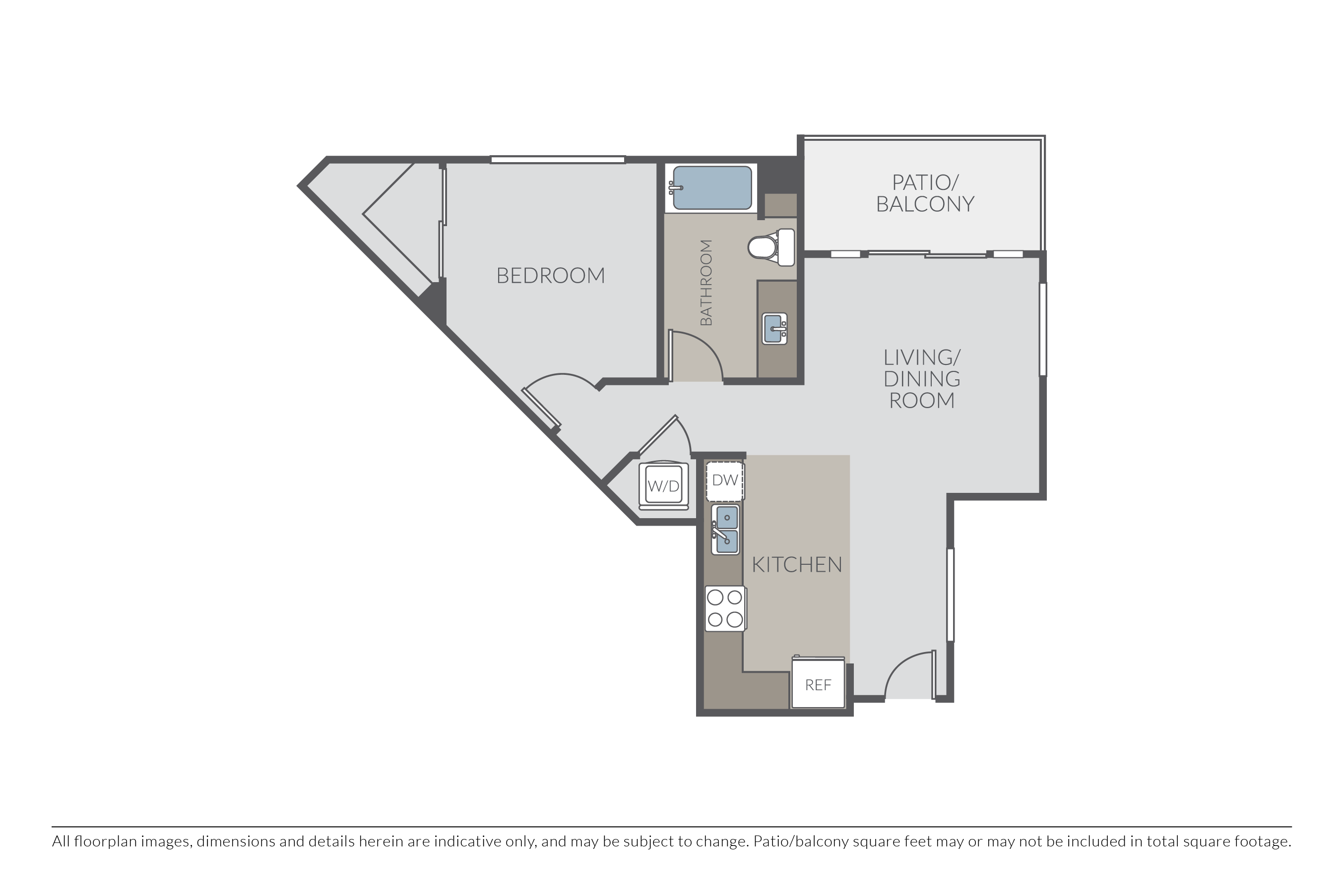 Floor plan for 1 bed, 1 bath, 735 sqft