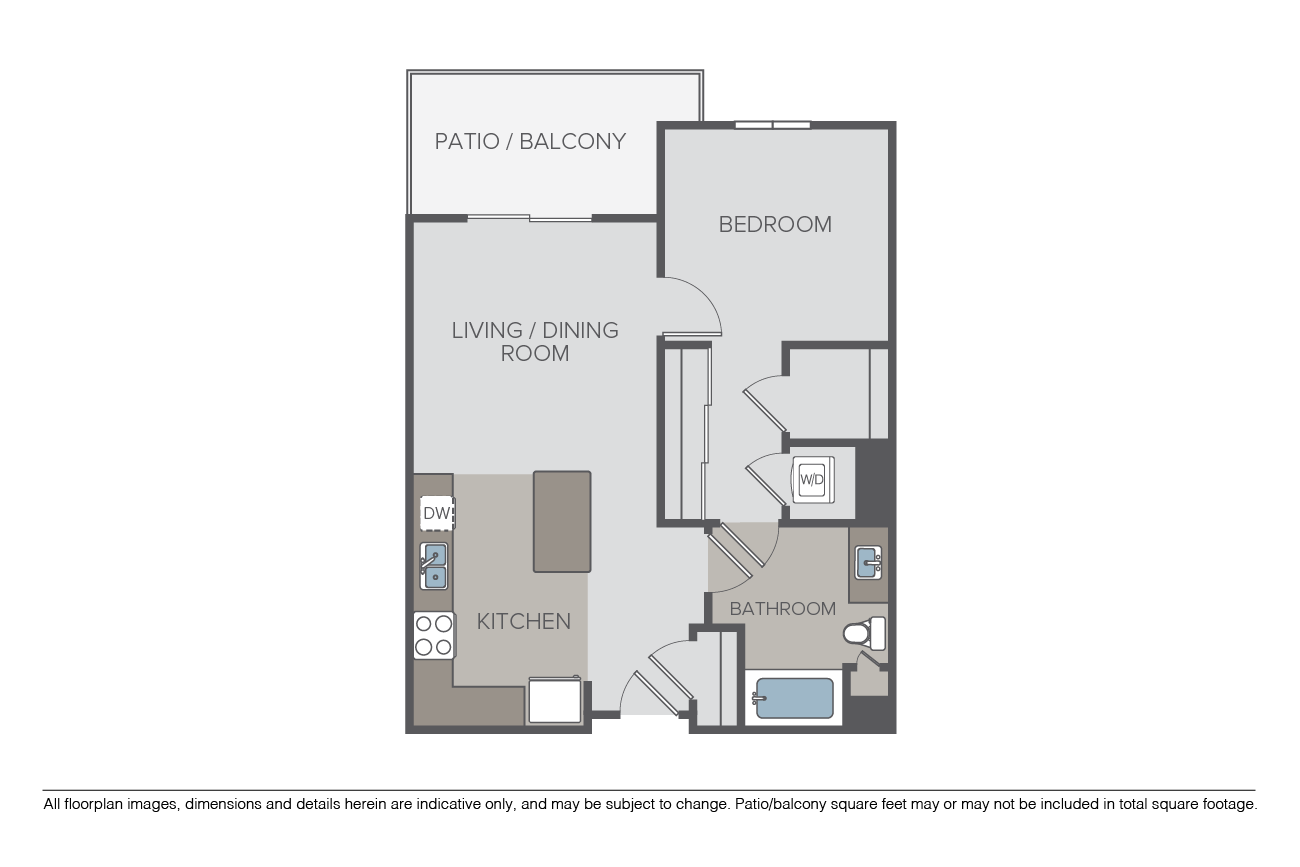 Floor plan for 1 bed, 1 bath, 727 sqft