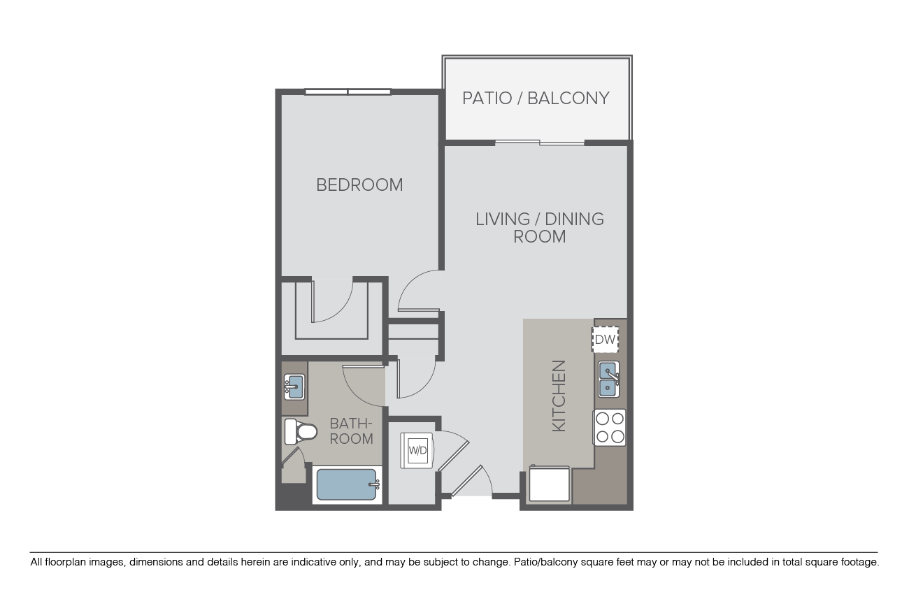 Floor plan for 1 bed, 1 bath, 723 sqft