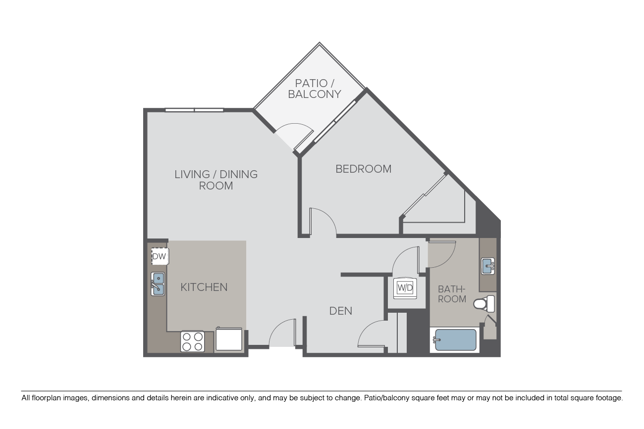 Floor plan for 1 bed, 1 bath, 831 sqft