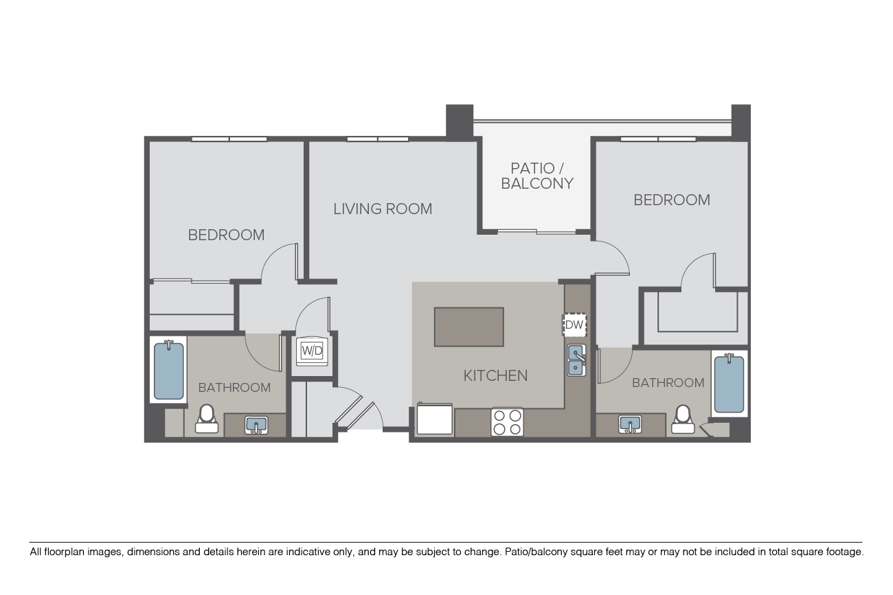 Floor plan for 2 beds, 2 baths, 1073 sqft