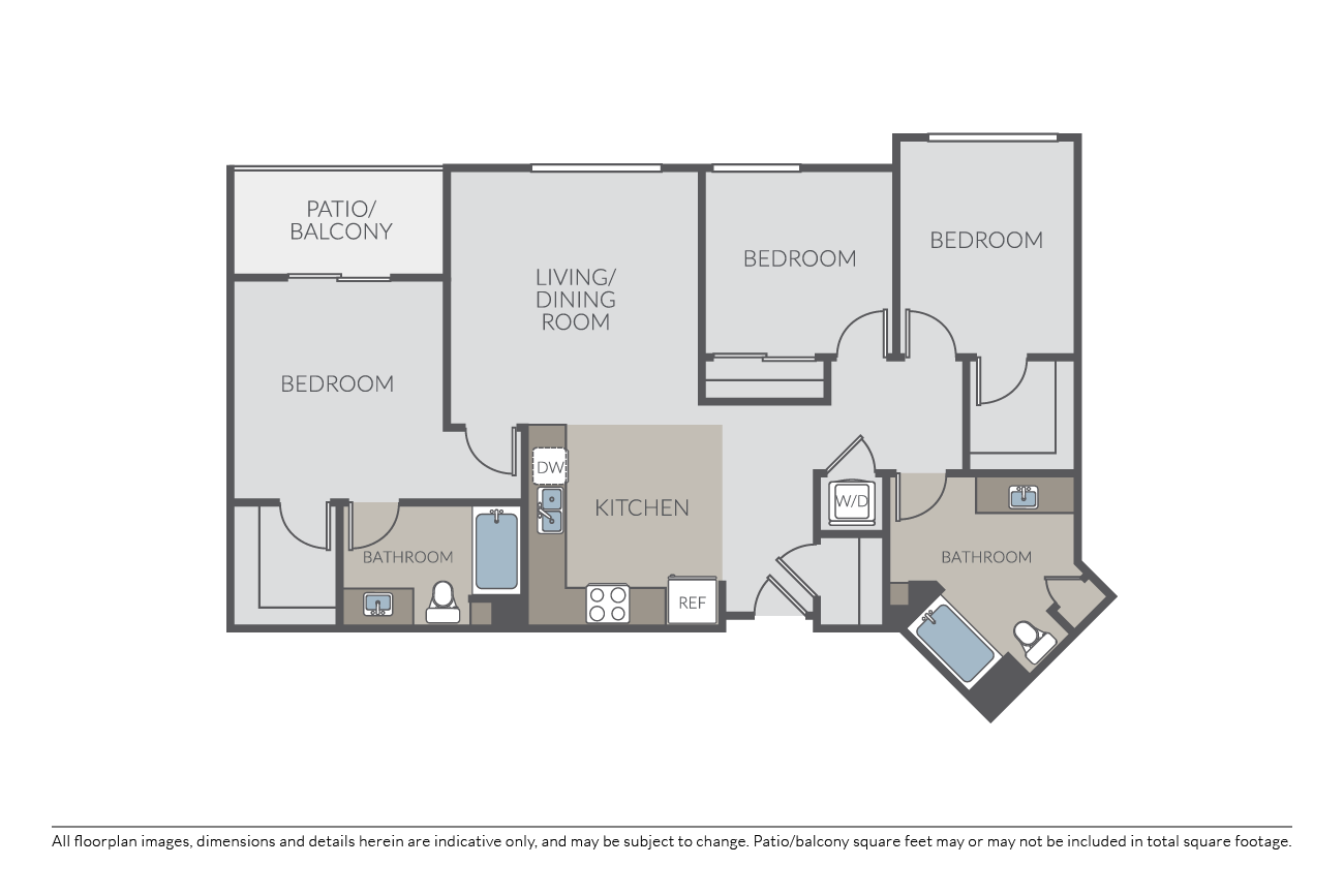 Floor plan for 3 beds, 2 baths, 1271 sqft