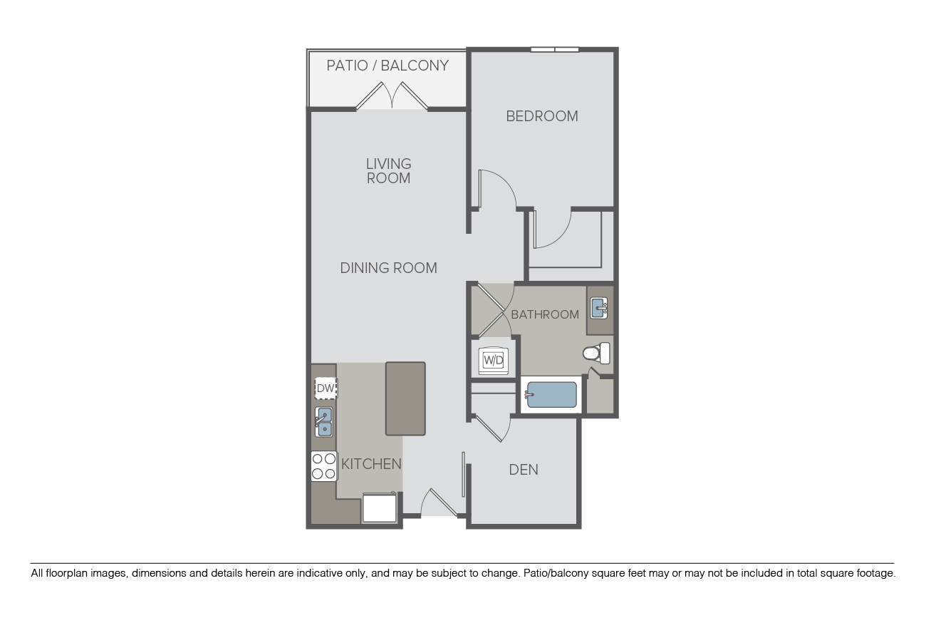 Floor plan for 1 bed, 1 bath, 945 sqft