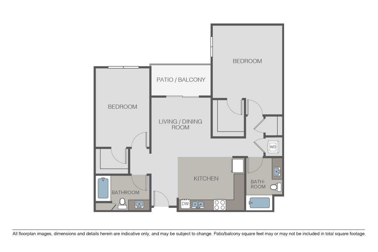 Floor plan for 2 beds, 2 baths, 1091 sqft