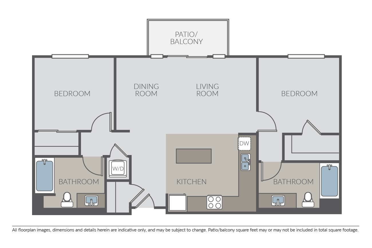 Floor plan for 2 beds, 2 baths, 1073 sqft