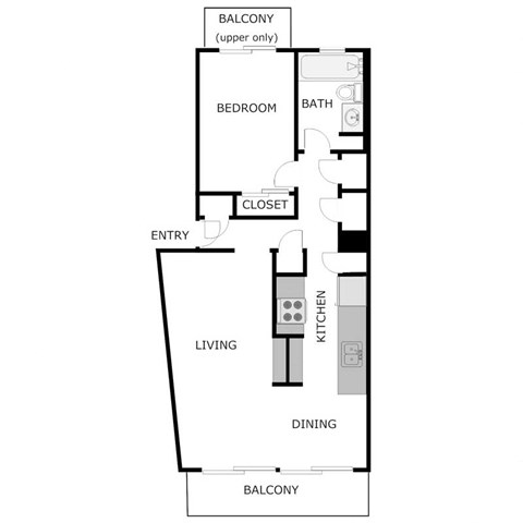 Floor plan for 1 bed, 1 bath, 680 sqft