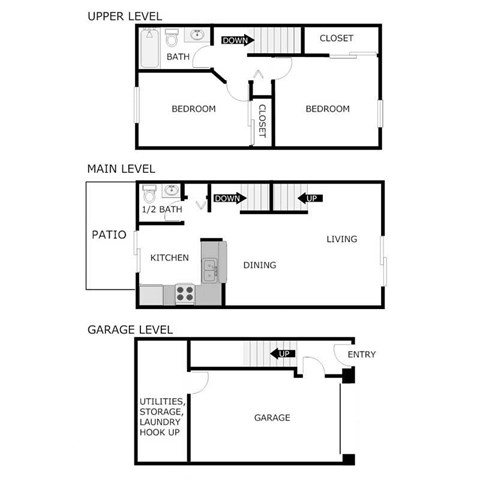 Floor plan for 2 beds, 1.5 baths, 980 sqft