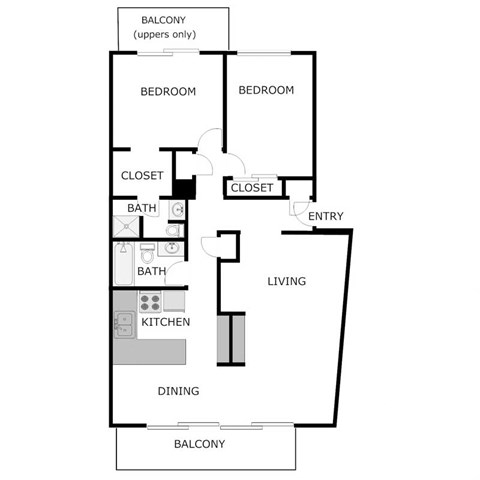 Floor plan for 2 beds, 2 baths, 1050 sqft