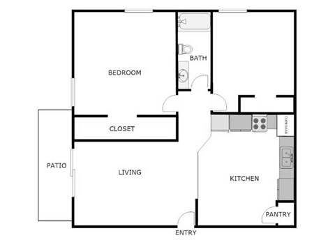 Floor plan for 2 beds, 1 bath, 930 sqft