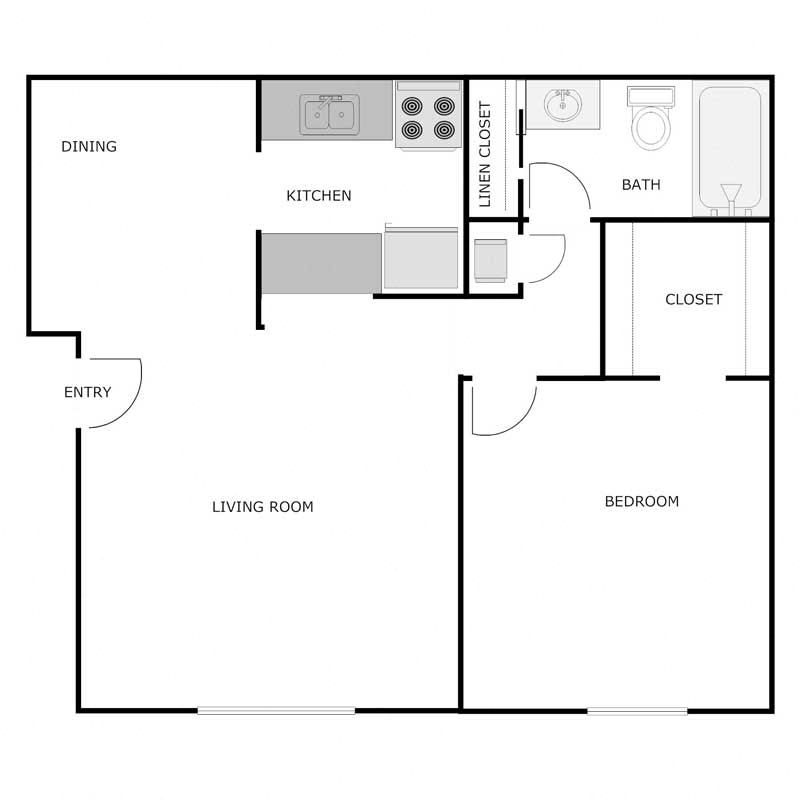 Floor plan for 1 bed, 1 bath, 730 sqft