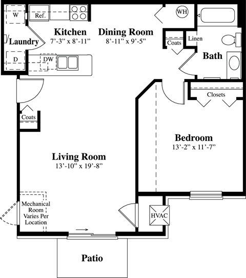 Floor plan for 1 bed, 1 bath, 835 sqft
