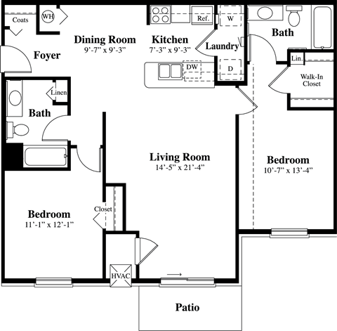 Floor plan for 2 beds, 2 baths, 1144 sqft