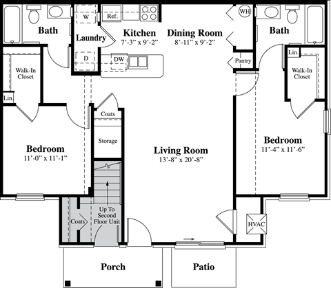 Floor plan for 2 beds, 2 baths, 1119 sqft