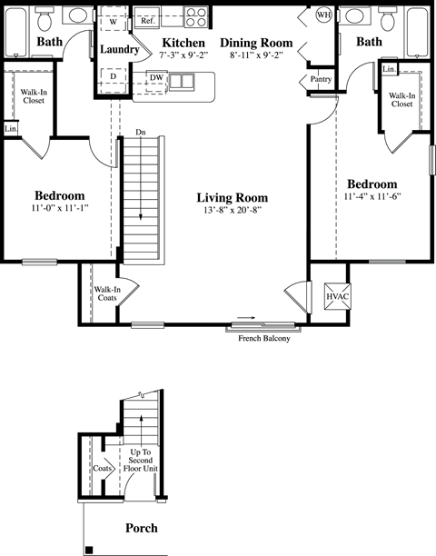 Floor plan for 2 beds, 2 baths, 1235 sqft