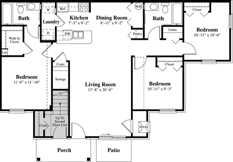 Floor plan for 3 beds, 2 baths, 1266 sqft