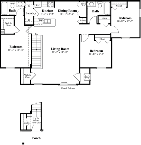 Floor plan for 3 beds, 2 baths, 1382 sqft
