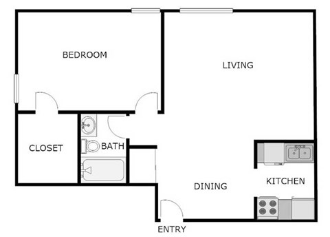 Floor plan for 1 bed, 1 bath, 601 sqft