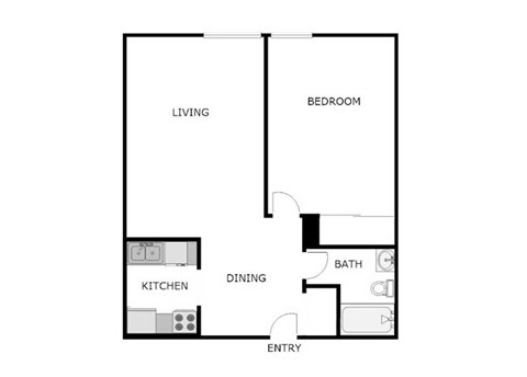 Floor plan for 1 bed, 1 bath, 590 sqft