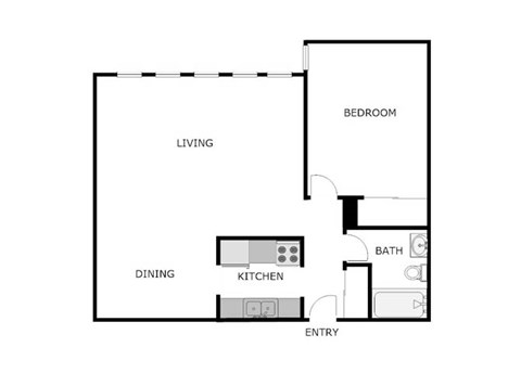 Floor plan for 1 bed, 1 bath, 651 sqft