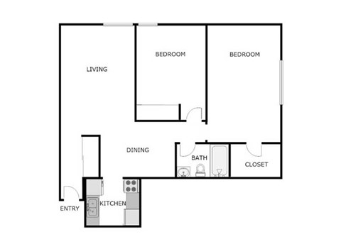 Floor plan for 2 beds, 1 bath, 886 sqft