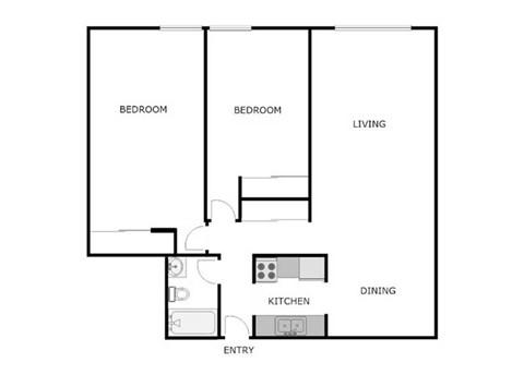 Floor plan for 2 beds, 1 bath, 849 sqft