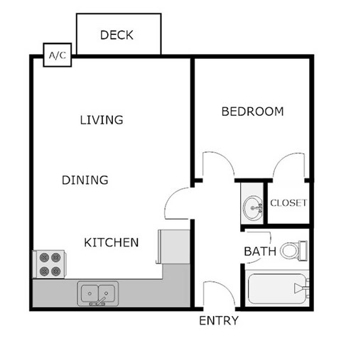 Floor plan for 1 bed, 1 bath, 700 sqft