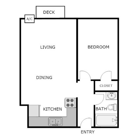 Floor plan for 1 bed, 1 bath, 645 sqft