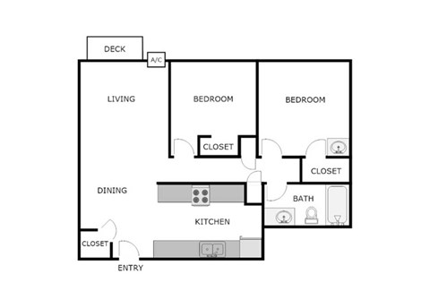 Floor plan for 2 beds, 1 bath, 868 sqft