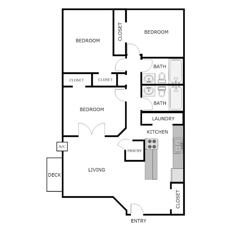 Floor plan for 3 beds, 2 baths, 1008 sqft
