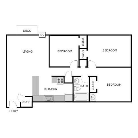 Floor plan for 3 beds, 1 bath, 1008 sqft