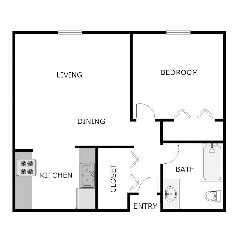 Floor plan for 1 bed, 1 bath, 699 sqft