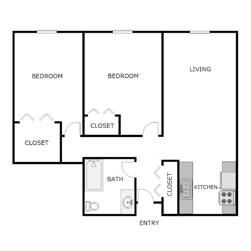 Floor plan for 2 beds, 1 bath, 914 sqft