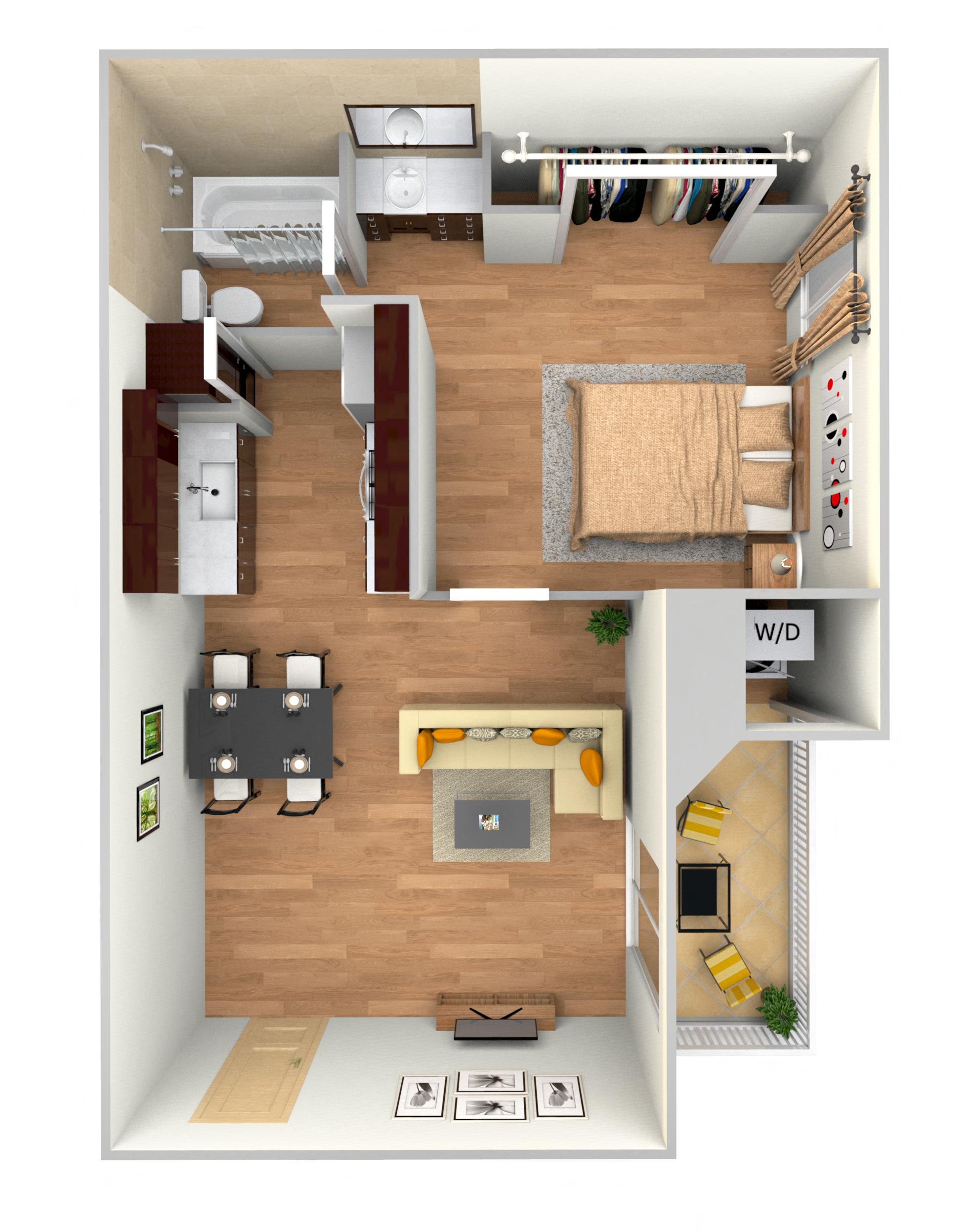 Floor plan for 1 bed, 1 bath, 491 sqft