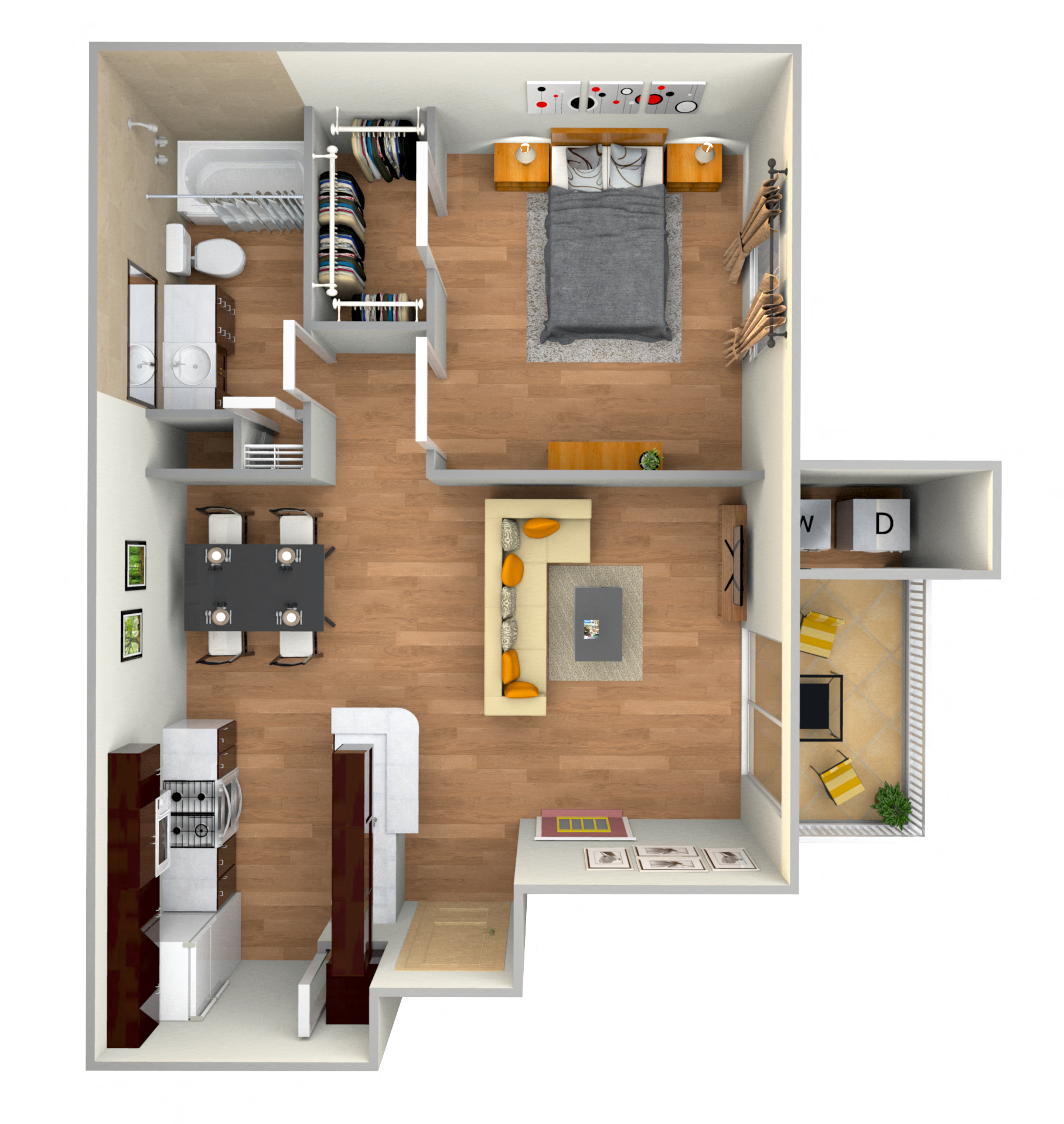 Floor plan for 1 bed, 1 bath, 563 sqft